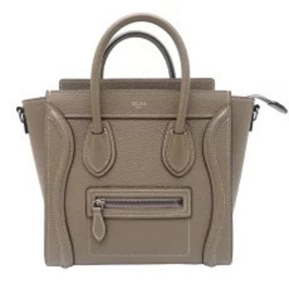 Celine Luggage Strap Handbag Drummed Calf Greige Gray